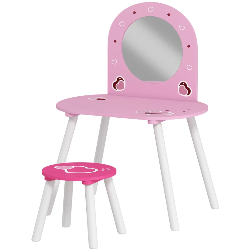 AIYAPLAY Kids Dressing Table with Mirror and Stool, Girls Vanity Set for Kids Room, Bedroom, Nursery, for Ages 3–6 Years, Pink