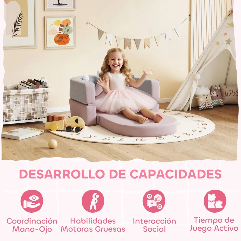 AIYAPLAY Sofá Infantil Convertible en Cama y Zona de Juego con Cojín de Corona 116x61x14 cm Rosa y Azul Grisáceo