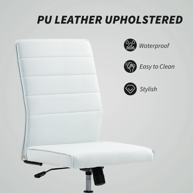 HOMCOM Scaun de Birou Ergonomic și Reglabil cu Spătar Curbat, din Piele PU și Oțel, 58x53x97-107 cm, Alb