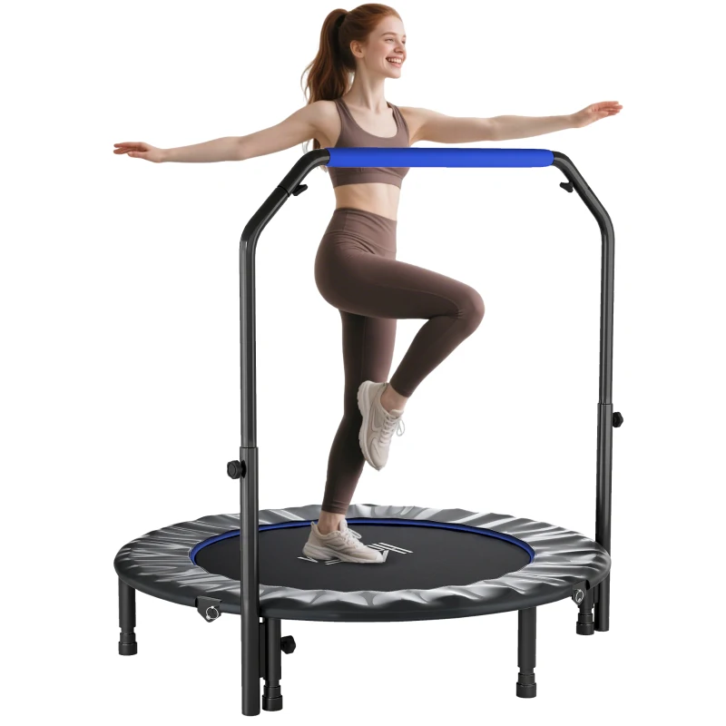 HOMCOM Adult Fitness Trampoline Ø122 cm, Foldable Jumping Mat with 4-Level Adjustable Handle, Black and Blue