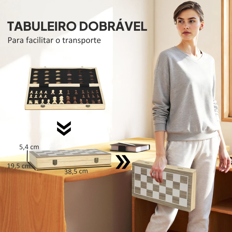 SPORTNOW Jogo de Xadrez e Damas em Madeira com Tabuleiro Dobrável Peças de Pinho e Compartimentos de Armazenamento 38,5x38,5x2,8 cm Madeira e Branco