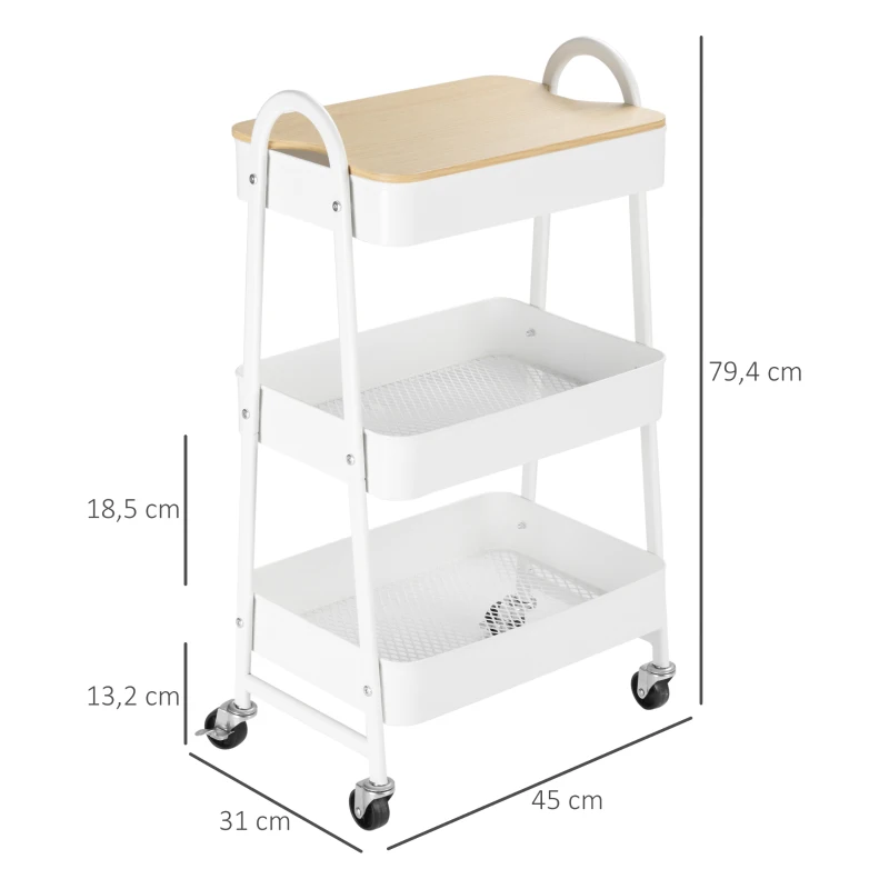 HOMCOM Carrinho Auxiliar com Rodas de 3 Níveis Carrinho de Cozinha com 3 Cestas de Aço e 1 Bancada de Madeira 45x31x79,4 cm Branco