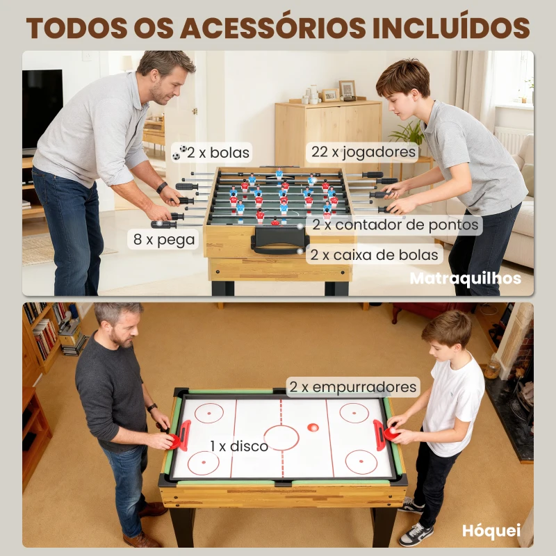 SPORTNOW Mesa Multijogos 13 em 1 Mesa de Jogo com Matraquilho Bilhar Ping-Pong Hóquei Xadrez Damas Backgammon e Acessórios 121x109x80 cm Madeira e Preto