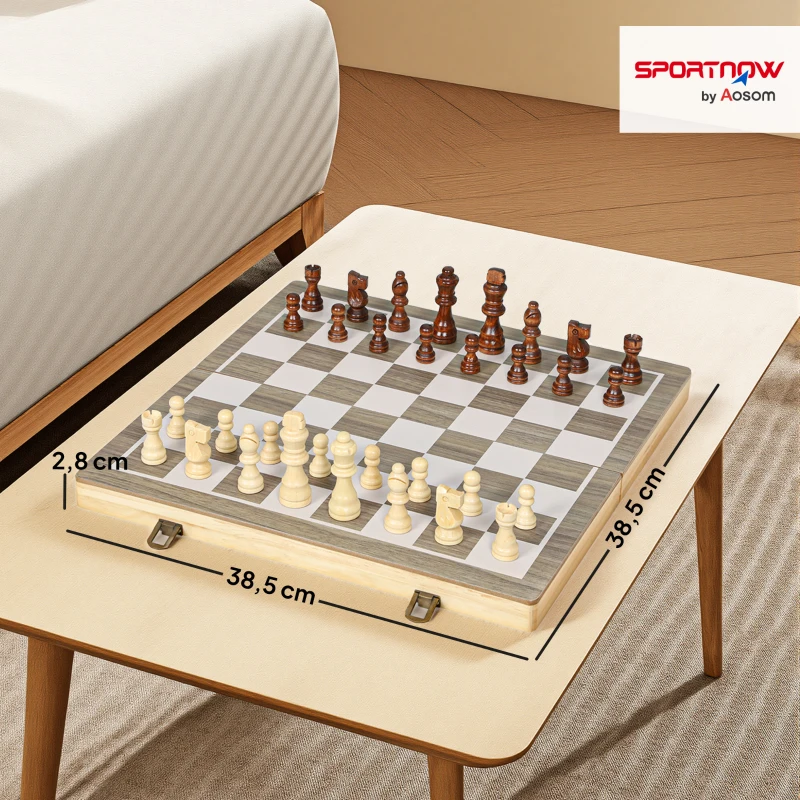 SPORTNOW Jogo de Xadrez e Damas em Madeira com Tabuleiro Dobrável Peças de Pinho e Compartimentos de Armazenamento 38,5x38,5x2,8 cm Madeira e Branco