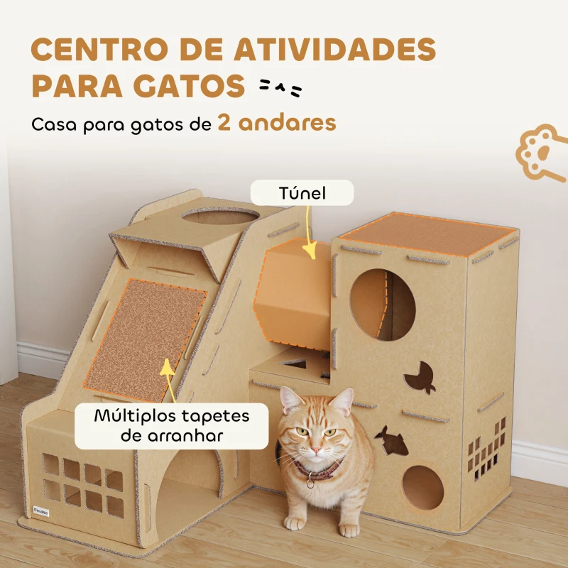 PawHut Casa para Gatos de Cartão em Forma de Castelo com 2 Níveis 3 Zonas de Arranhar Túnel e Rampa 78x66x57 cm Castanho