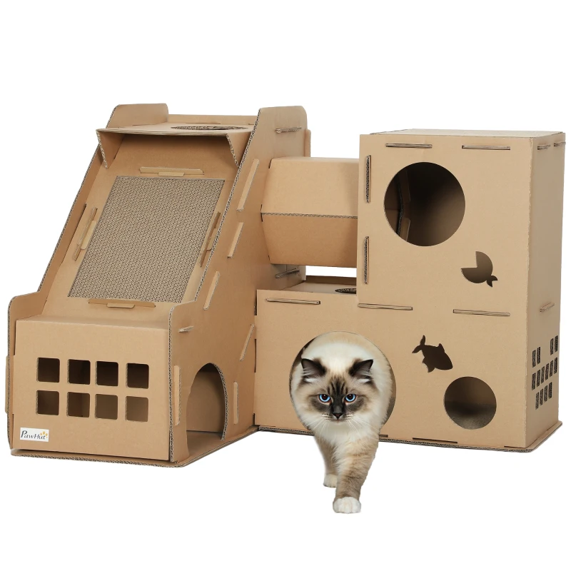 PawHut Casa para Gatos de Cartão em Forma de Castelo com 2 Níveis 3 Zonas de Arranhar Túnel e Rampa 78x66x57 cm Castanho