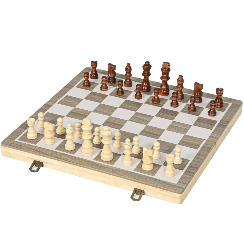 SPORTNOW Jogo de Xadrez e Damas em Madeira com Tabuleiro Dobrável Peças de Pinho e Compartimentos de Armazenamento 38,5x38,5x2,8 cm Madeira e Branco