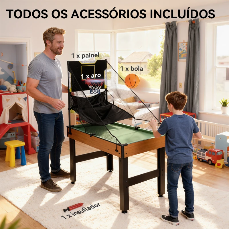 SPORTNOW Mesa Multijogos 5 em 1 Mesa de Jogo com Matraquilho Bilhar Ping-Pong Hóquei e Basquetebol 134x108x144 cm Madeira e Preto