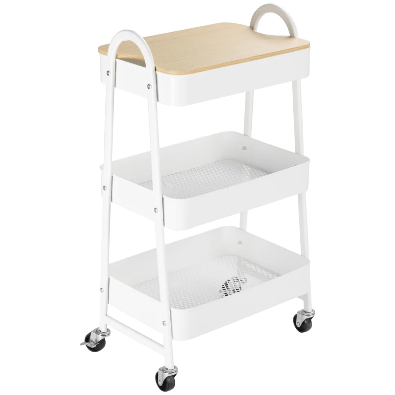 HOMCOM Carrinho Auxiliar com Rodas de 3 Níveis Carrinho de Cozinha com 3 Cestas de Aço e 1 Bancada de Madeira 45x31x79,4 cm Branco