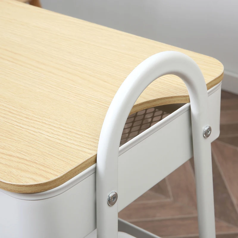 HOMCOM Carrinho Auxiliar com Rodas de 3 Níveis Carrinho de Cozinha com 3 Cestas de Aço e 1 Bancada de Madeira 45x31x79,4 cm Branco