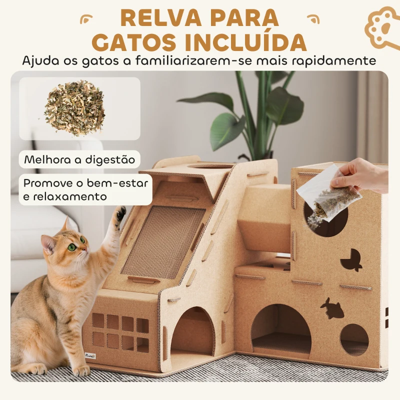 PawHut Casa para Gatos de Cartão em Forma de Castelo com 2 Níveis 3 Zonas de Arranhar Túnel e Rampa 78x66x57 cm Castanho