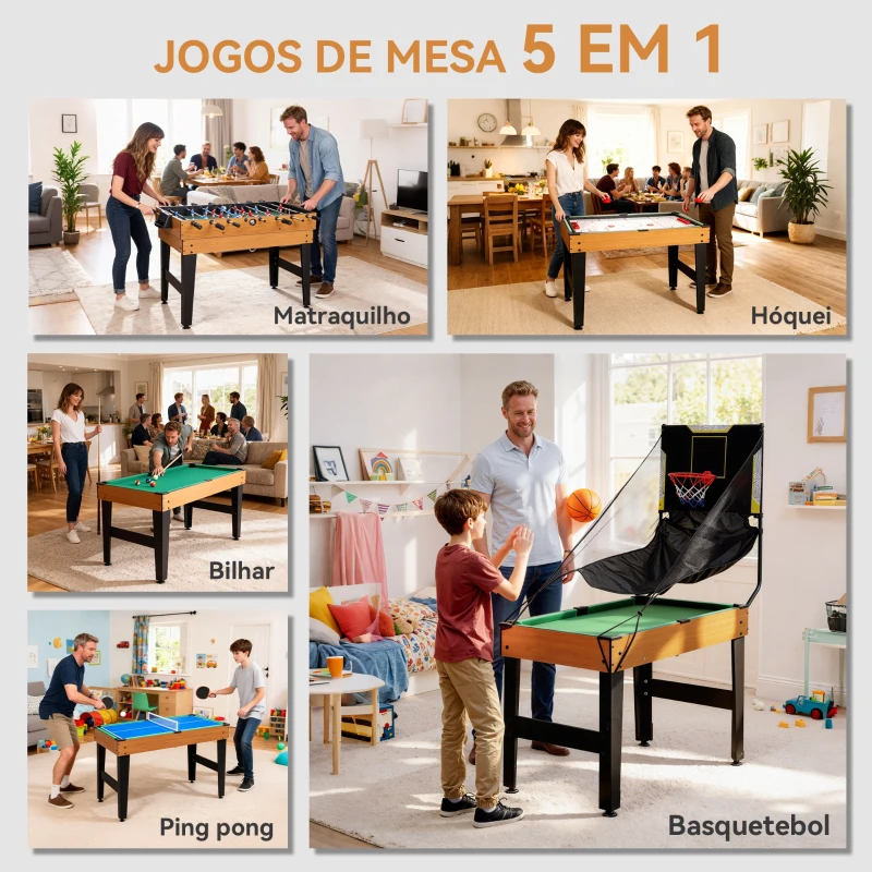 SPORTNOW Mesa Multijogos 5 em 1 Mesa de Jogo com Matraquilho Bilhar Ping-Pong Hóquei e Basquetebol 134x108x144 cm Madeira e Preto