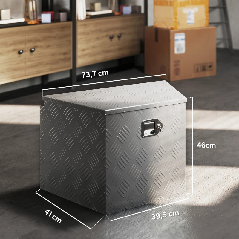 HOMCOM Caixa de Ferramentas para Reboque Caixa de Arrumação em Alumínio Trancável em Formato Trapezoidal 73,7x41x46 cm Prata