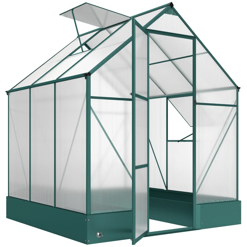 Outsunny Garden Walk-in Aluminium Greenhouse Polycarbonate with Plant Bed ,Temperature Controlled Window, Foundation, 6 x 6ft