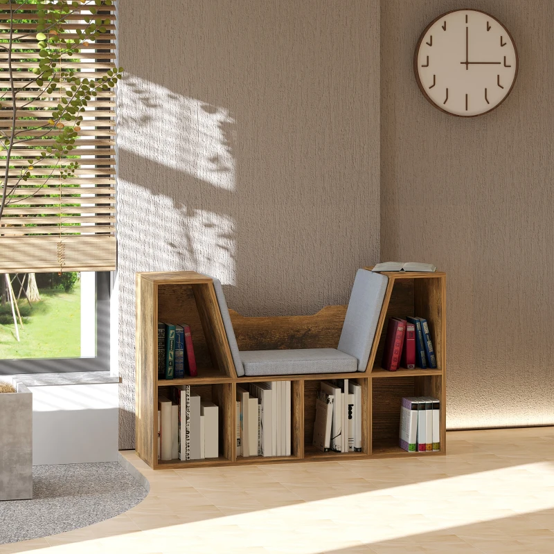 HOMCOM Bücherbank 2-in-1 mit Sitzkissen, Würfelregal mit 6 offenen Fächern, 102 x 30 x 61 cm, Rustikbraun