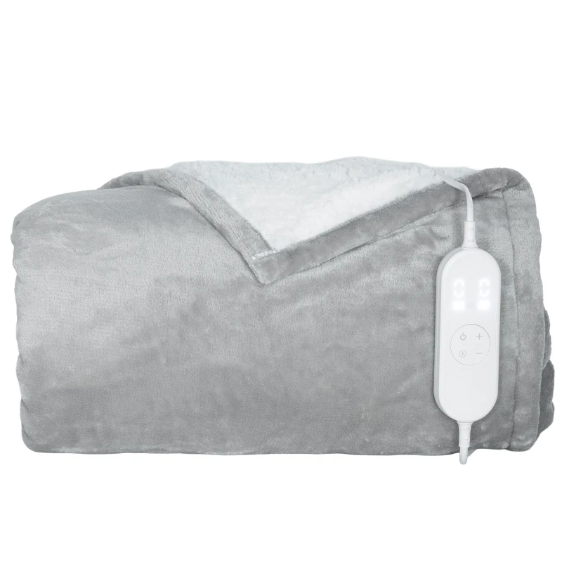 HOMCOM Manta Elétrica 180x130 cm Manta Térmica com Tecido Suave 10 Níveis de Temperatura e Temporizador Cinzento