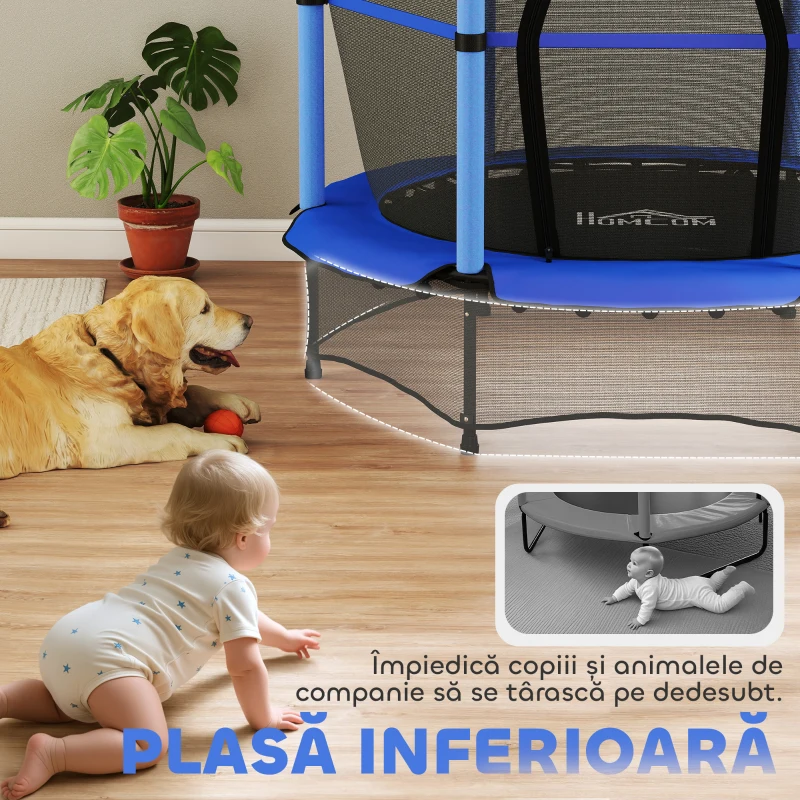 HOMCOM Trambolină Elastică pentru Copii cu Plasă de Siguranță și Țevi Căptușite, Vârstă 3-10 Ani, Ø140x190 cm, Albastru