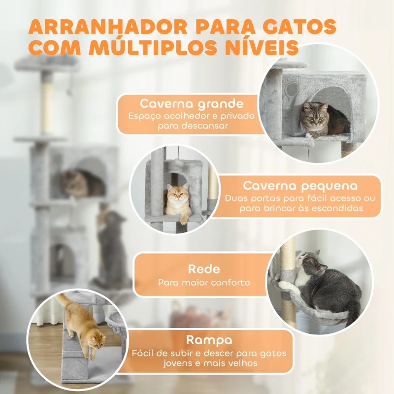 PawHut Arranhador para Gatos com Múltiplas Plataformas Cama 2 Cavernas Rede Escada Postes de Sisal 56x56x180 cm Cinza