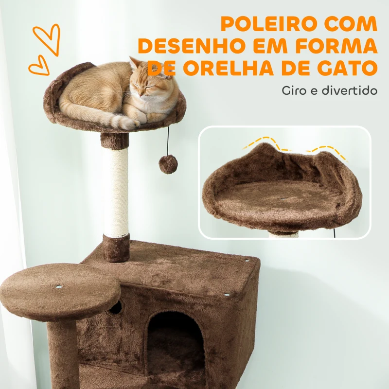 PawHut Arranhador para Gatos com Múltiplas Plataformas Cama 2 Cavernas Rede Escada Postes de Sisal 56x56x180 cm Marrom