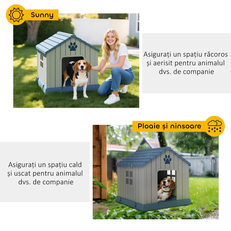 PawHut Căsuță pentru Câini de Talie Medie pentru Exterior, Impermeabilă cu Bază Ridicată
