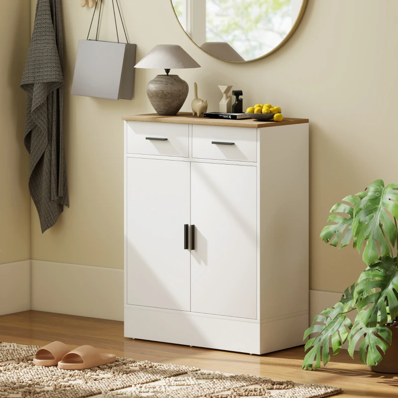 HOMCOM Sideboard con spazio di stoccaggio, cassettiera con 2 cassetti, ripiano regolabile, per cucina, soggiorno, ingresso, legno naturale, bianco