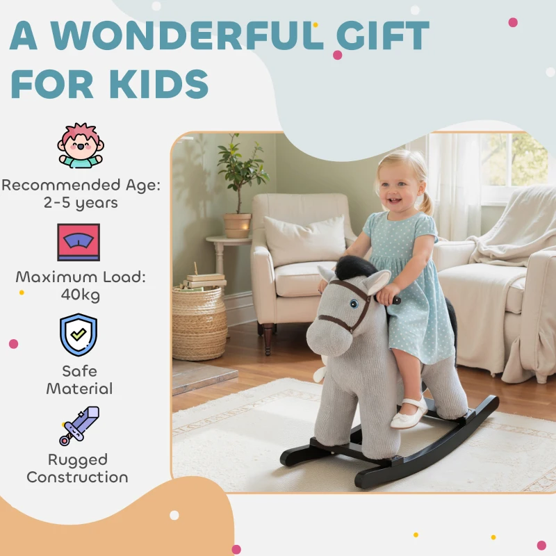 AIYAPLAY Rocking Horse with Sounds for Children 2-5 Years with Included Plush Animal, Wood and Steel, Gray