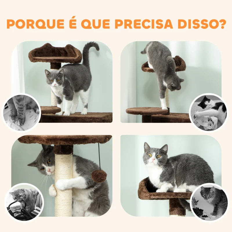 PawHut Arranhador para Gatos com Múltiplas Plataformas Cama 2 Cavernas Rede Escada Postes de Sisal 48x48x140 cm Marrom
