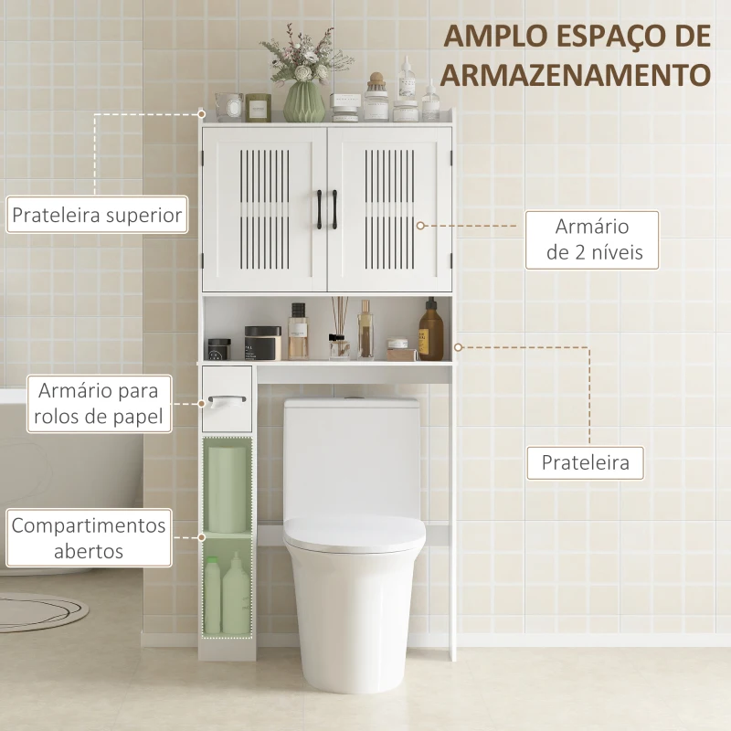 HOMCOM Armário sobre Sanita com Prateleira Ajustável 2 Portas Suporte para Papel Higiênico Armário para Máquina de Lavar 80x19,5x170 cm Branco