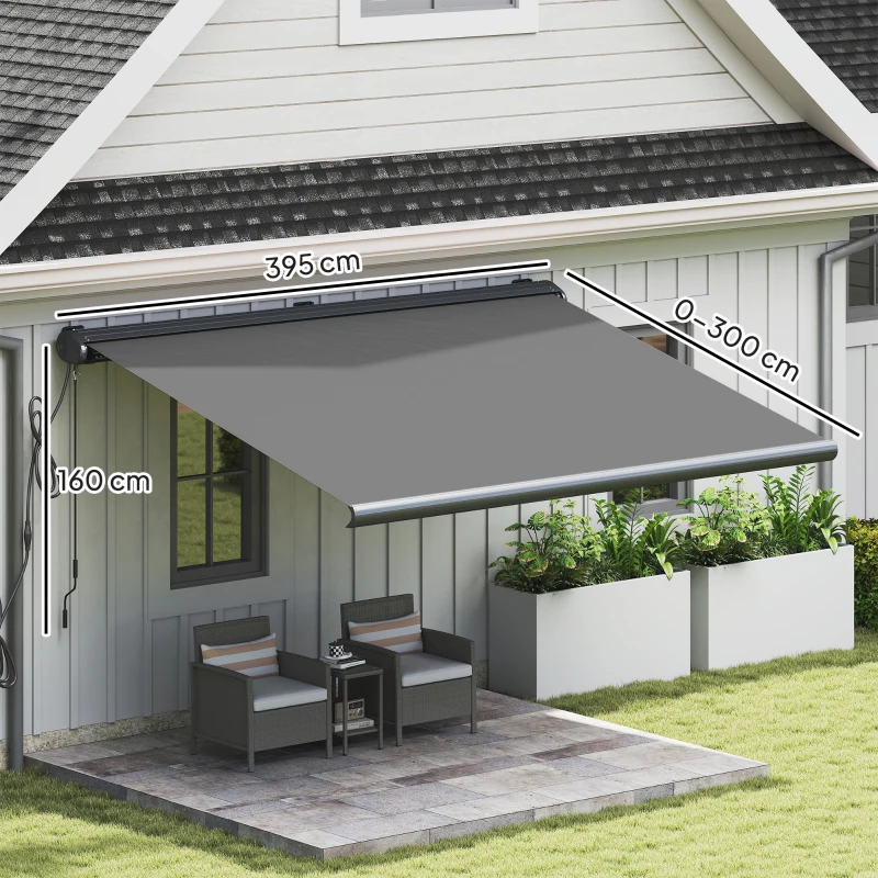 Outsunny 4 x 3(m) Full Cassette Electric Awning with Remote Controller, Aluminium Frame DIY Retractable Garden Awning, UPF50+ Sun Shade Canopy for Deck Door Window, Dark Grey