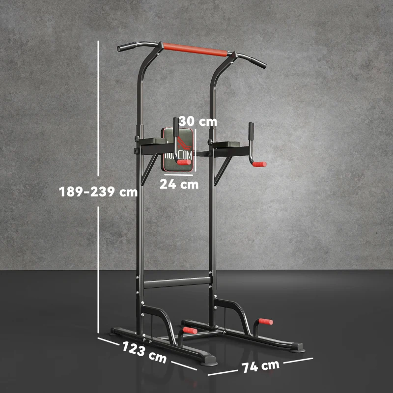 HOMCOM Barra per Trazioni Power Tower Stazione Fitness Multifunzione Regolabile 189-239cm in Acciaio Nero Rosso
