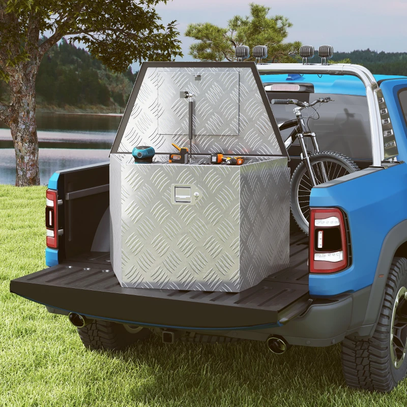 HOMCOM Caixa de Ferramentas para Reboque Caixa de Arrumação em Alumínio Trancável em Formato Trapezoidal 73,7x41x46 cm Prata