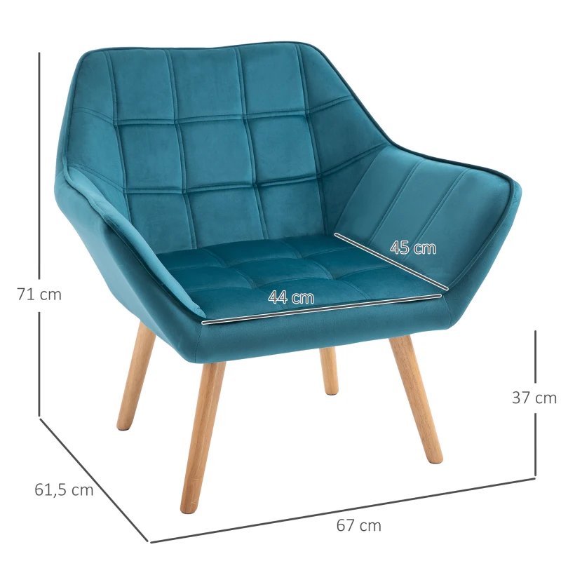 HOMCOM Poltrona Estilo Escandinavo Encosto Alto e Apoios de Braço Revestimento em Poliéster com Efeito Veludo 67x61,5x71 cm Azul