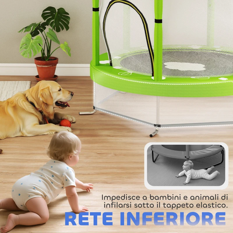 AIYAPLAY Trampolino Elastico per Bambini Ø140 cm con Rete di Sicurezza e Disegni, Età 3-6 Anni, Verde