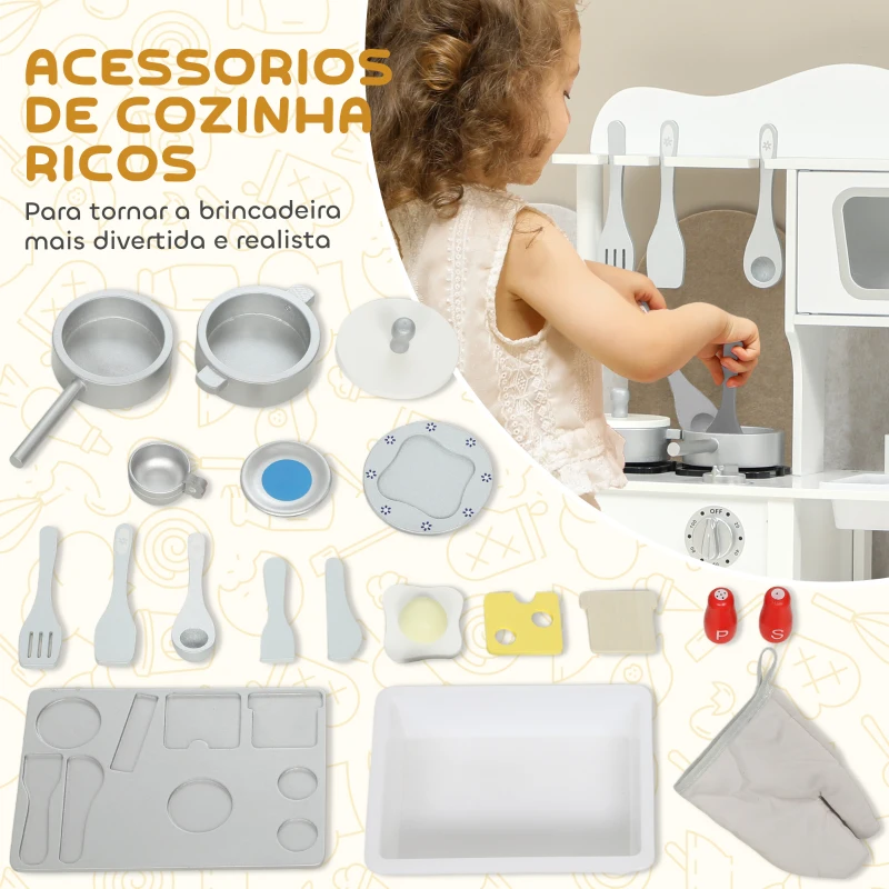 AIYAPLAY Cozinha de Brincar em Madeira com Som Acessórios Lava-Loiças Micro-Ondas e Fogão 55x24x86 cm Branco