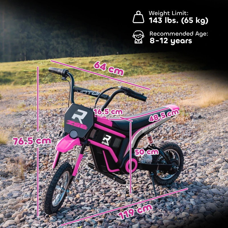 HOMCOM Moto Elettrica per Bambini con Acceleratore Manuale, 2 Velocità 8-16km/h, Età 8-12 Anni, Rosa
