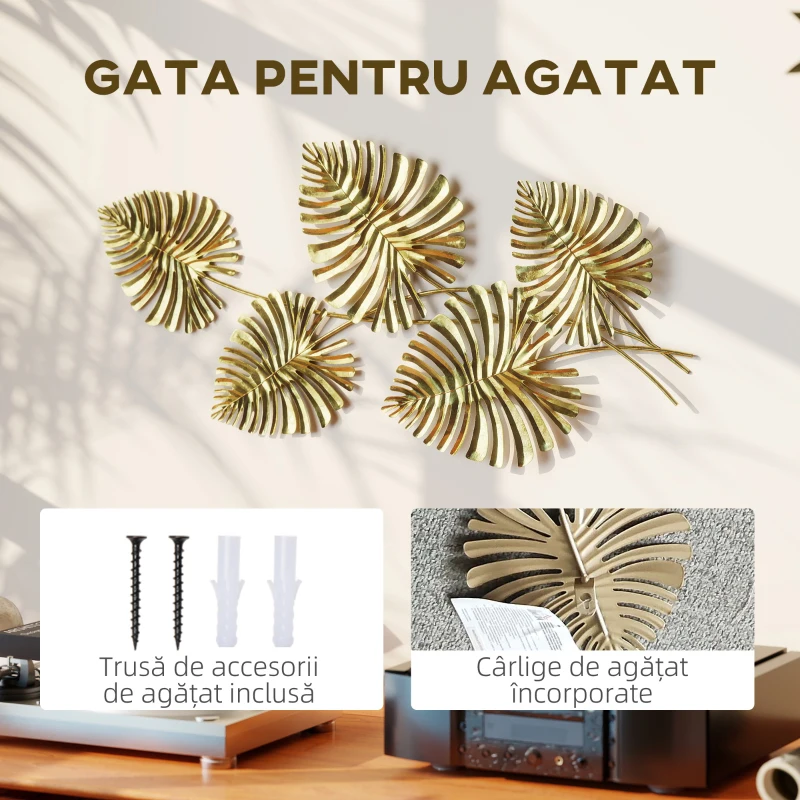 HOMCOM Operă de Artă Murală cu 5 Frunze de Monstera din Metal Auriu cu Accesorii de Montaj Incluse, 83x2.5x39 cm