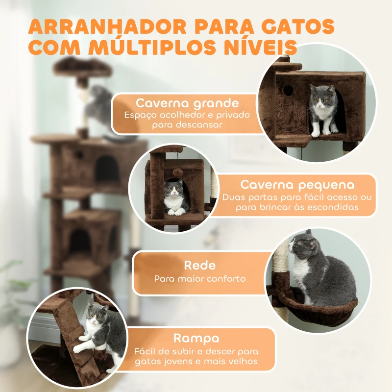 PawHut Arranhador para Gatos com Múltiplas Plataformas Cama 2 Cavernas Rede Escada Postes de Sisal 56x56x180 cm Marrom