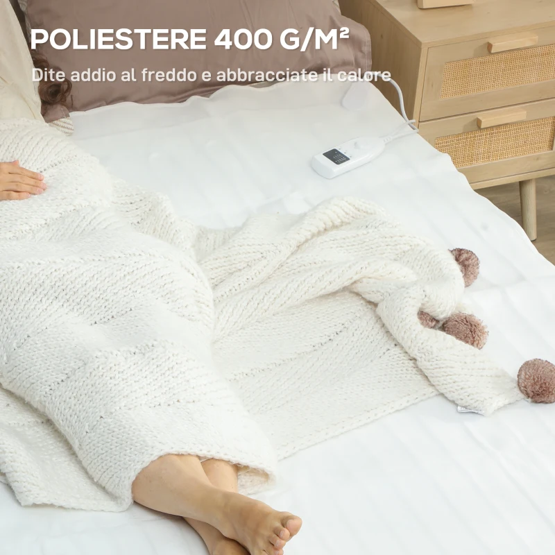 HOMCOM Coperta Elettrica 160x140 cm con 5 Livelli di Calore e 2 Zone di Controllo Indipendenti, in Poliestere Bianco
