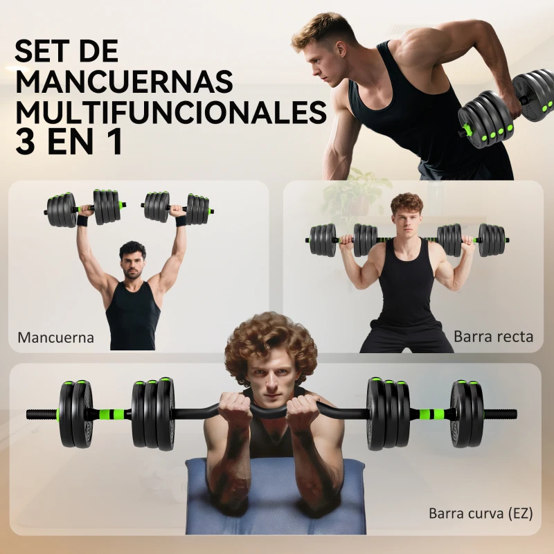 SPORTNOW Juego de Mancuernas Ajustables 30 kg 3 en 1 con Barras de Conexión y Mangos Antideslizantes para Gimnasio en Casa Verde
