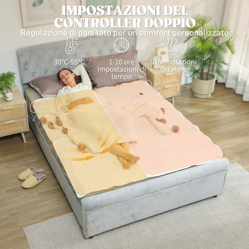 HOMCOM Coperta Elettrica 160x140 cm con 5 Livelli di Calore e 2 Zone di Controllo Indipendenti, in Poliestere Bianco