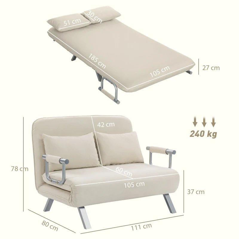 HOMCOM Divano letto 2 posti con schienale regolabile e 2 cuscini, rivestimento in tessuto effetto scamosciato, Beige