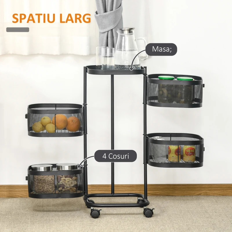 HOMCOM Carucior utilitar rulant  cu cosuri metalice rotative, Carucior de serviciu cu 4 niveluri de depozitare cu blat, Negru