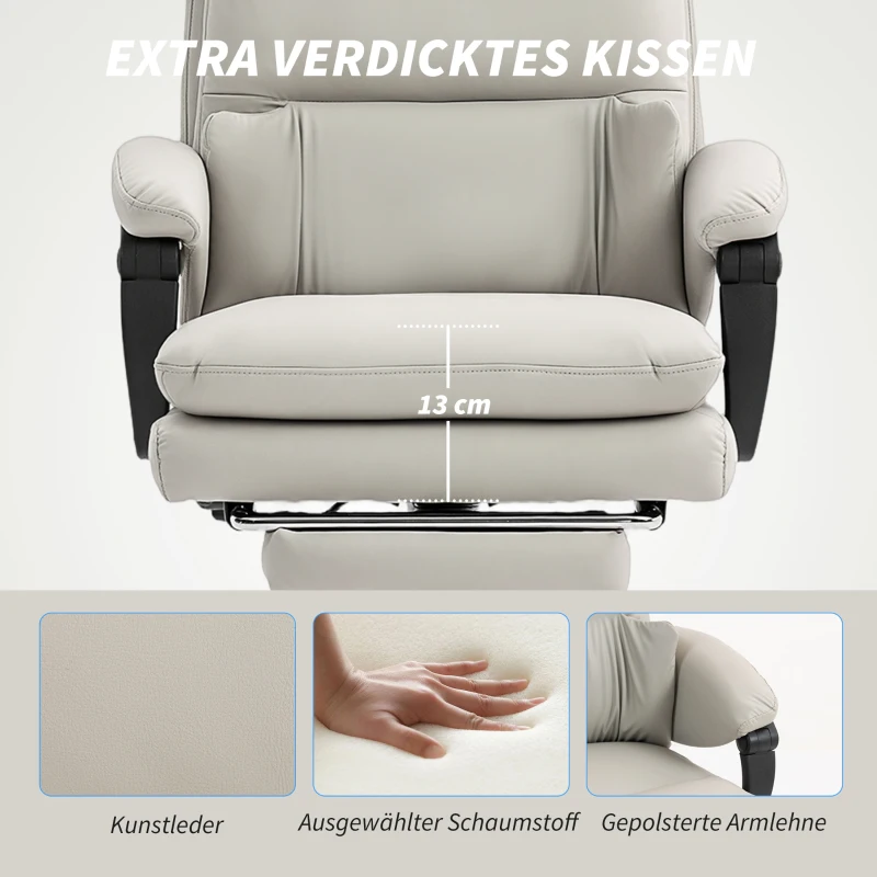 HOMCOM Bureaustoel Hoogteverstelbare bureaustoel met lendensteun, armleuning, voetsteun, van kunstleer, lichtgrijs(m-5)