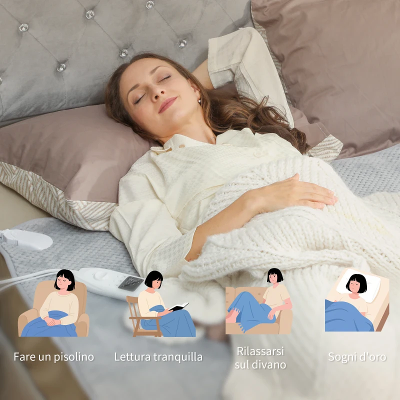 HOMCOM Coperta Elettrica 160x140 cm con 5 Livelli di Calore e 2 Telecomandi, in Pile e Poliestere Grigio