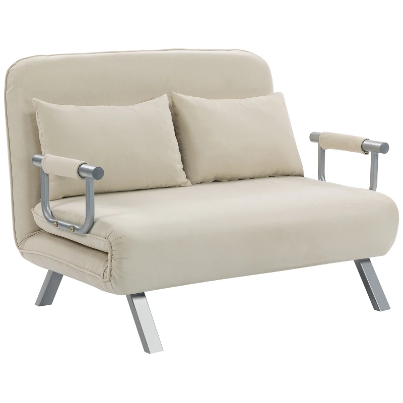 HOMCOM Divano letto 2 posti con schienale regolabile e 2 cuscini, rivestimento in tessuto effetto scamosciato, Beige