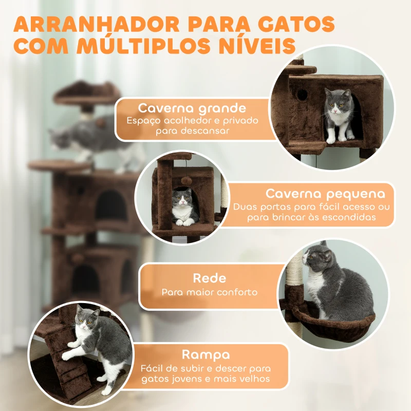 PawHut Arranhador para Gatos com Múltiplas Plataformas Cama 2 Cavernas Rede Escada Postes de Sisal 48x48x140 cm Marrom