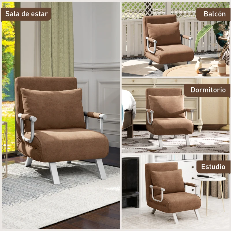 HOMCOM Poltrona Letto 2 in 1 con Schienale Regolabile e Cuscino 65x69x80 cm Marrone