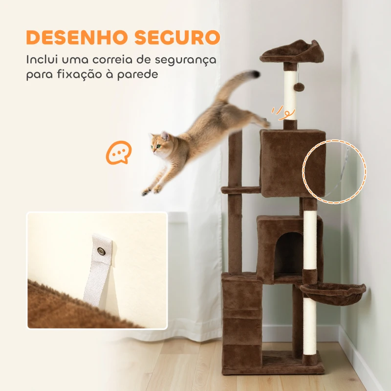 PawHut Arranhador para Gatos com Múltiplas Plataformas Cama 2 Cavernas Rede Escada Postes de Sisal 48x48x160 cm Marrom