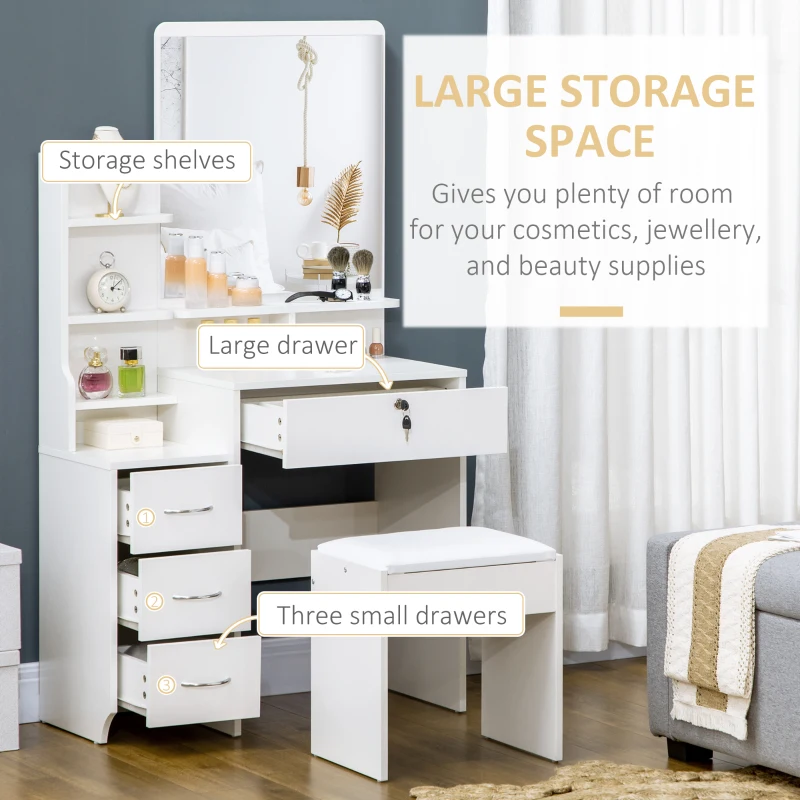 HOMCOM Masă de machiaj cu oglindă, scaun, sertare și rafturi alb