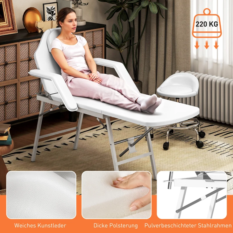 HOMCOM Tragbarer Massagetisch, Klappbare Massageliege mit Kunstleder-Bezug, Schaumstoff-Polsterung, Stahlrahmen, Weiß(m-6)
